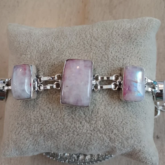 Rainbow Moonstone Silver Link Rectangle Teardrop Adjustable Bracelet - Picture 3 of 12